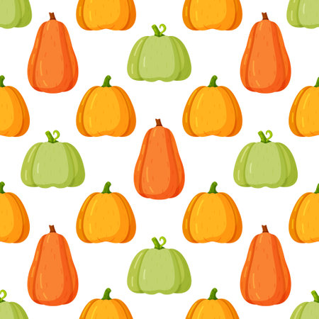 Vector illustration of a pattern of pumpkins of different sizes and colors. Seamless autumn pattern. Beautiful background. Wrapping paper for the fall holiday.のイラスト素材
