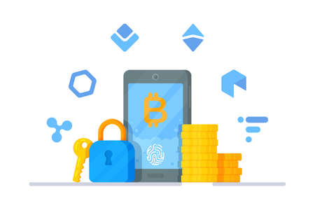 Concept of encryption, digital currency data encryption, security and protection of cryptocurrency. Modern flat vector illustration of different cryptocurrencies. Digital currency.のイラスト素材
