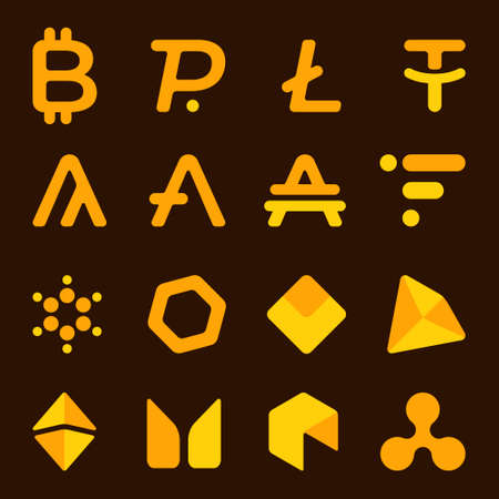 Vector illustration of a set of cryptocurrencies. Icons, symbols of currencies. Online bill. Banner with dark brown background.のイラスト素材