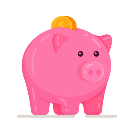 Piggy bank with coin vector illustration. Icon of saving or saving money, investments. Icon piggy bank in flat style, isolated from the background.のイラスト素材