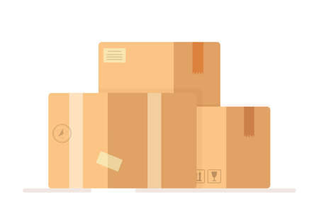 Vector illustration of insulated boxes banner on white background. Pile of stacked sealed goods cardboard boxes. Flat style warehouse cardboard parcel boxes stack front view.のイラスト素材