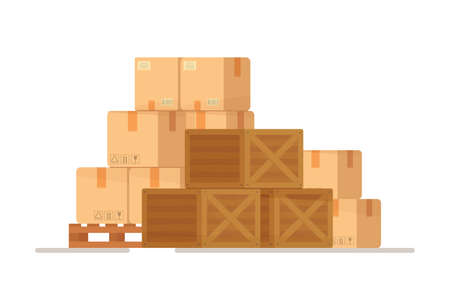 Vector illustration of a warehouse of boxes. A pile of stacked sealed goods cardboard boxes. Sending parcels by mail from the Internet. Online services.のイラスト素材