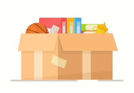 Vector illustration of a box of household items. Moving into a new home. Paper cardboard boxes with various household items. Family moved into a new house.のイラスト素材