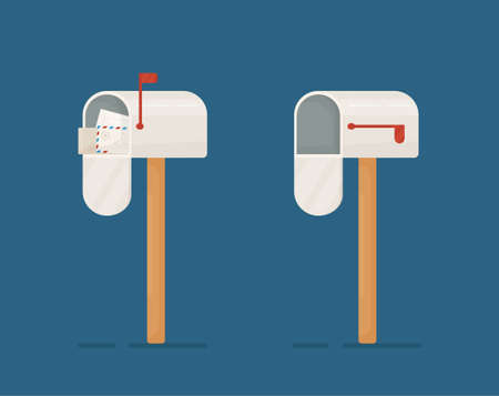 Vector illustration of the mailbox concept on a dark blue background. Open white mailbox And in this box white envelopes. Sending letters, invitations and stuff.のイラスト素材