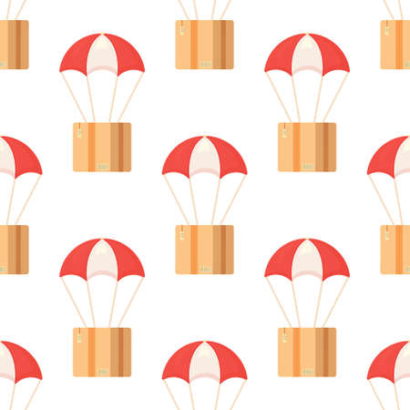 Seamless pattern with postal parcels in boxes with delivery address and envelopes. Vector illustration of parachute box print. Bright red and white parachutes.のイラスト素材