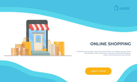 Vector illustration of wave style template design with infographic. Concept on the theme of online shopping. Store on the phone. Parcels and orders.のイラスト素材