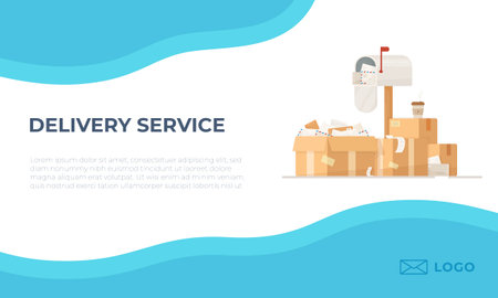 Vector illustration of wave style template design with infographic. Concept on the theme of delivery and mail. A mailbox with a mountain of boxes and letters.のイラスト素材