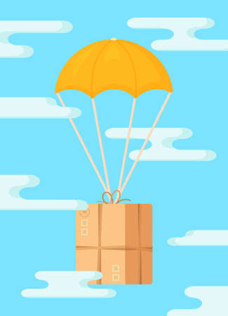 Vector illustration of an isolated balloon parcel in the clouds. Fast and unusual delivery in the sky. Background illustration. Isolated object on blue background.のイラスト素材