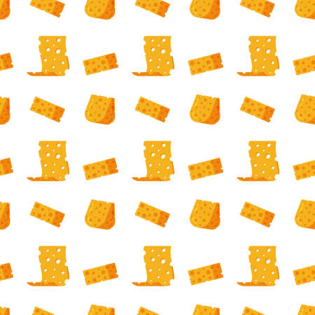 Vector illustration of the cheese pattern. Seamless illustration with cheese. Pieces of yellow cheese isolated on white background. Pieces of cheese of different shapesのイラスト素材