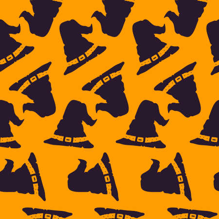 Vector illustration of witch hats pattern. Infinite pattern of blue hats on a red background. Hat...