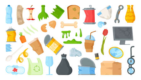 A set of cartoon drawings of garbage. Vector illustration of garbage collection in a container....