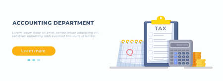 The concept of a tax accounting office with a financial audit. Vector illustration of accounting department. Payroll, payroll, documents, reports, money, payment, checking, analysisのイラスト素材