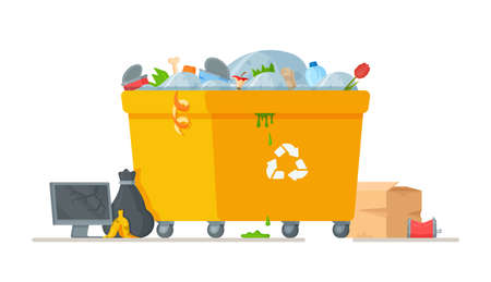 House cleaning collection of old things in the landfill. Garbage can on blue background. Ordering garbage removal services to the landfill. Vector illustration of trash bags near yellow trash can.のイラスト素材