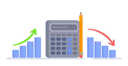 Vector illustration of a chart of the rise and fall of finances. Home finances and taxes. The concept of payments. Large calculator, simple pencil, graph, chart.のイラスト素材