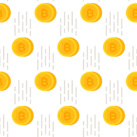 Simple seamless pattern, gold bitcoin symbols on white background. Vector illustration of bitcoin pattern. Coins flying to the bottom, bitcoins. Eternal background, wrapping paper, wealth.のイラスト素材