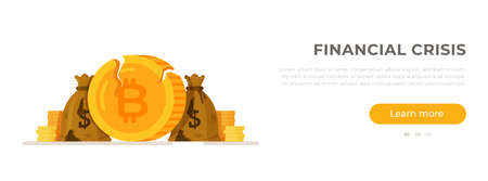 Vector illustration of broken bitcoin, bankruptcy sign. Crisis typography banner template. Economic crash and depression, economic recession, global financial crisisのイラスト素材