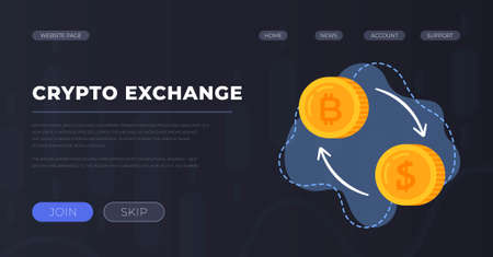 Vector illustration of crypto exchange banner. The concept of exchanging bitcoin for real money. Site for transferring or withdrawing money.のイラスト素材