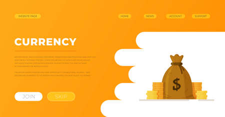 Vector illustration of currency banner. Bag of coins isolated on yellow and white background. Savings concept.のイラスト素材