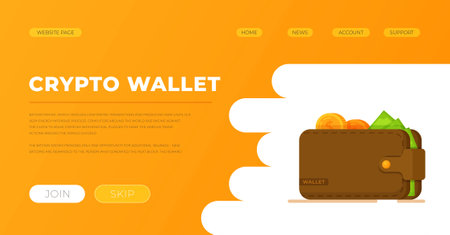 Vector illustration of crypto wallet presentation. Isolated on white and yellow background wallet with coins and bills. Brown leather wallet.のイラスト素材