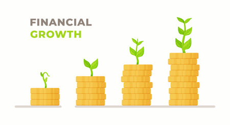 Vector illustration of financial growth. Four stacks of coins with upward growth. Growth stacks. Financial growth.のイラスト素材