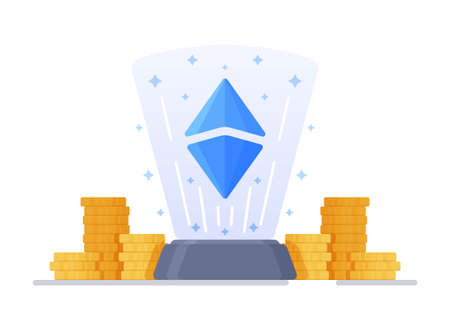 Vector illustration of crystals and diamonds. Concept of cryptocurrency and blockchain. Ethereum mining farm. Digital money market, finance and trade. Ideal for web design, banner and presentation.のイラスト素材