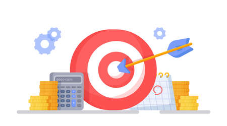 Flat style vector illustration isolated on white background. Growth of cash. Blue arrow. Dart target with arrow, cash dollars and gold coins. Gears.のイラスト素材