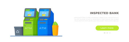 Vector illustration of an inspected bank. Two ATMs isolated on white background. Flat isometric picture in cartoon style. Card withdrawal or recharge device.のイラスト素材