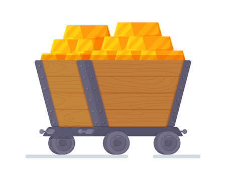 Vector design illustration isolated on white background. Wooden mine cart loaded with gold. Cartoon mine cart.のイラスト素材