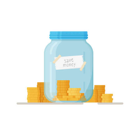 Vector illustration of coins. Collecting on a dream. Purchases and goods from the Internet. Money, shopping, merchandise, dream, piggy bank.のイラスト素材