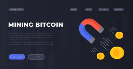 Vector illustration of mining presentation. Magnet banner attracting coins. Bitcoin, small, blackのイラスト素材