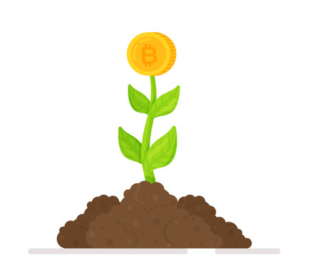 Money tree with gold coins. Finance and banks, savings and investments. A symbol of success, wealth and power. Vector illustration of growing bitcoin. Increasing income.のイラスト素材
