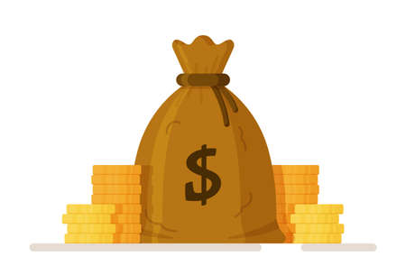 Vector illustration of a bag of cents. Money bag, stack of dollar coins and bills in flat design on white background. Budget, fund, investment profit, winnings.のイラスト素材