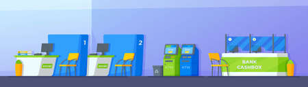 Vector illustration of office bank. Concept of bank equipment modern bank. Reception, office, interior, horizontal banner.のイラスト素材