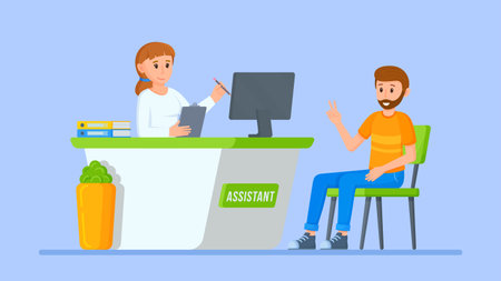 Vector illustration of a banker's advice. Bank branch. Cash department. Registration Desk. Bank card or credit application. Problem solving.のイラスト素材