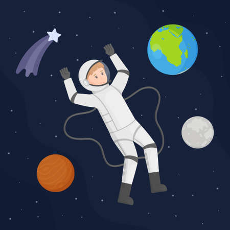 Vector illustration of an astronaut isolated on a black background. Astronaut floating in the stratosphere. In the background Earth, stars, moon, Venus or Mars.のイラスト素材