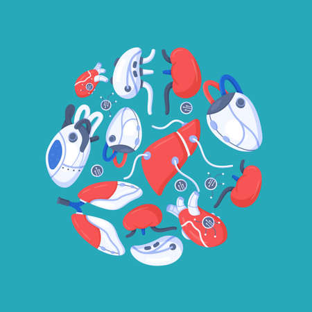 Vector illustration of artificial organs concept. A circle of human bionic organs isolated on a blue background. Organ transplantation.のイラスト素材