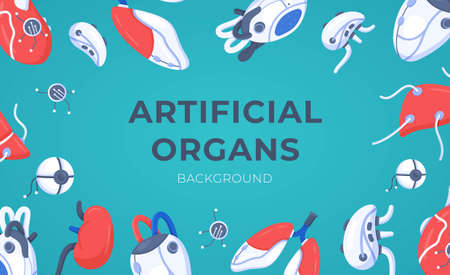Vector illustration of artificial organs background. Concept of bionic organs isolated on blue background. Beautiful picture of donor organs. Helping the sick.のイラスト素材
