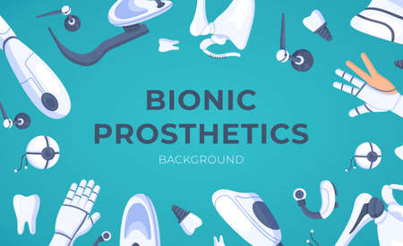 Vector illustration of the concept of prostheses. A set of futuristic prosthetics for people. Background of prosthetics for teeth, arms, legs and other body parts.のイラスト素材