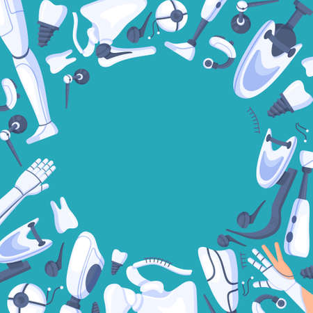 Vector illustration of bionic prosthetics banner. Seamless drawing of organs, dentures, dental crowns, and more. Pattern in the form of a circle.のイラスト素材