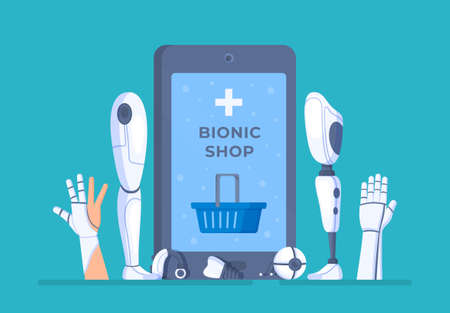 Vector illustration of the concept of bionic shopping. Prosthetics of different body parts. Inserted arms, legs, eyes, teeth and others.のイラスト素材