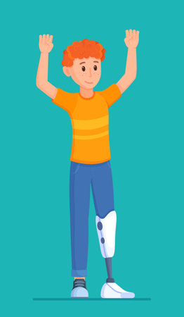 Vector illustration with bioprosthesis. Boy isolated on blue background with prosthesis on his leg. Disabled person after surgery. Amputation of his leg.のイラスト素材
