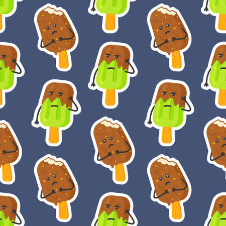 Vector illustration of characters pattern. Infinite ice cream sticker pattern. Isolated on blue background melting ice cream.のイラスト素材