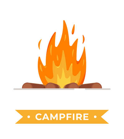 Vector illustration of campfire isolated on white background. Warming up near a campfire in nature. Burning wood. Flame.のイラスト素材