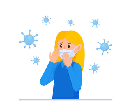 Vector illustration of a virus girl. Concept of a girl sick with a virus in a pandemic. Sitting in quarantine. Infected person.のイラスト素材