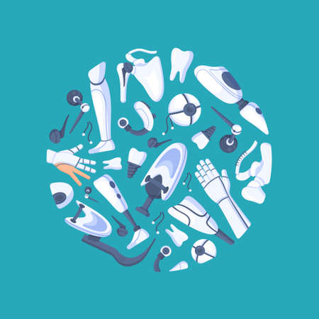 Vector illustration of bionic prosthetics concept. Circular pattern isolated on a blue background. Different human prosthetics. Inserted body parts.のイラスト素材