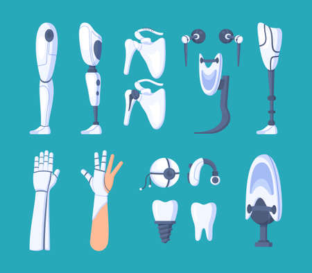 Vector illustration of bionic prosthetics. Isolated on a blue background prosthetic leg, arm, collarbone, teeth, hearing aids, eyeball and other body parts.のイラスト素材
