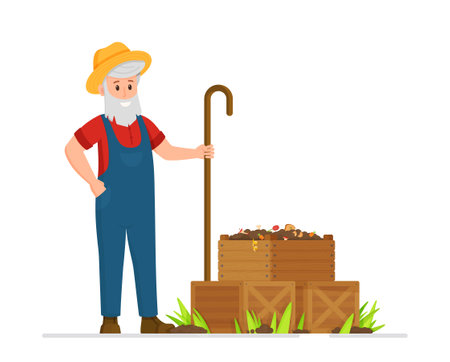 Vector illustration of farmer makes compost. The concept of composting organic waste. Organic raw materials. Isolated on white.のイラスト素材