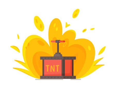 Vector illustration of a detonator, on the background of a large explosion. Red detonator with tnt inscription. Red box with detonator.のイラスト素材