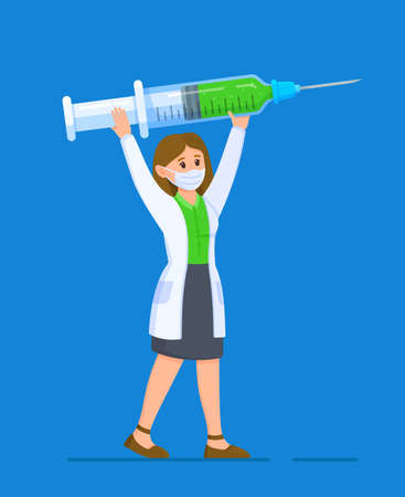 Vector illustration of doctor syringe. A nurse standing with a large syringe in her hands. Giving a vaccination.  Pandemic concept. From viruses.のイラスト素材