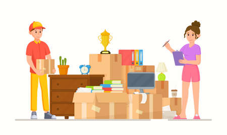 Vector illustration of a delivery service. Moving to another house or apartment. A pile of boxes and household items. Potted plants, books, furniture and other things.の写真素材